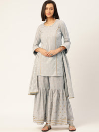 Thumbnail for HERE&NOW Women Grey Floral Printed Panelled Gotta Patti Pure Cotton Kurti with Sharara With Dupatta - Distacart