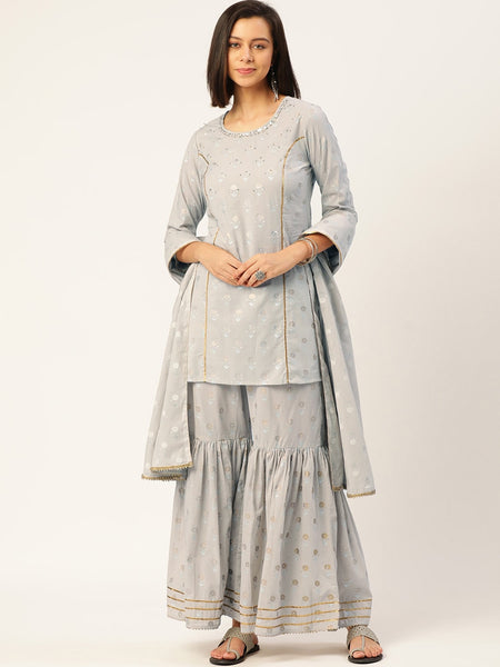HERE&NOW Women Grey Floral Printed Panelled Gotta Patti Pure Cotton Kurti with Sharara With Dupatta - Distacart