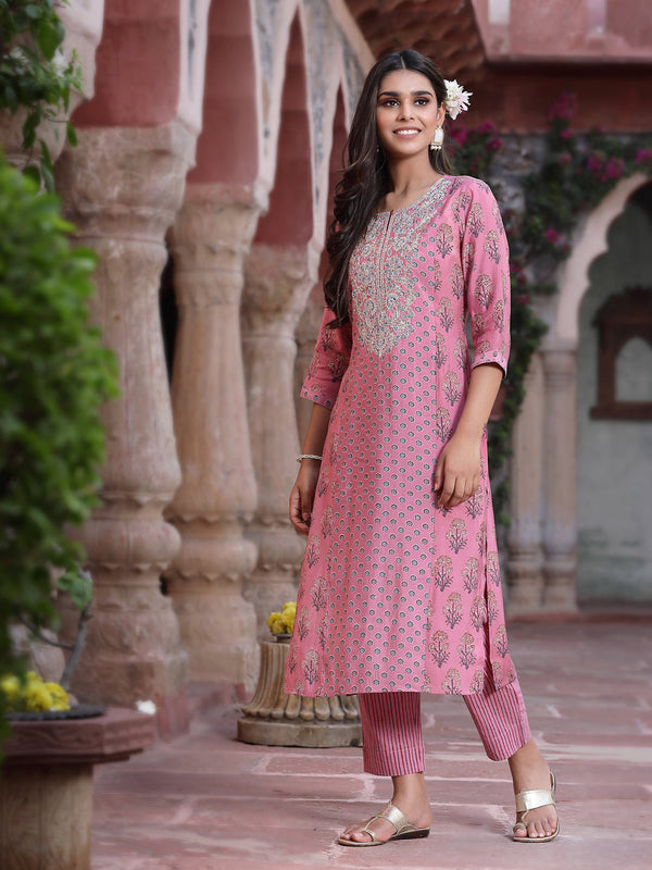 Juniper Women's Pink Muslin Embroidered Straight Kurta Sets - Distacart