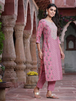 Thumbnail for Juniper Women's Pink Muslin Embroidered Straight Kurta Sets - Distacart