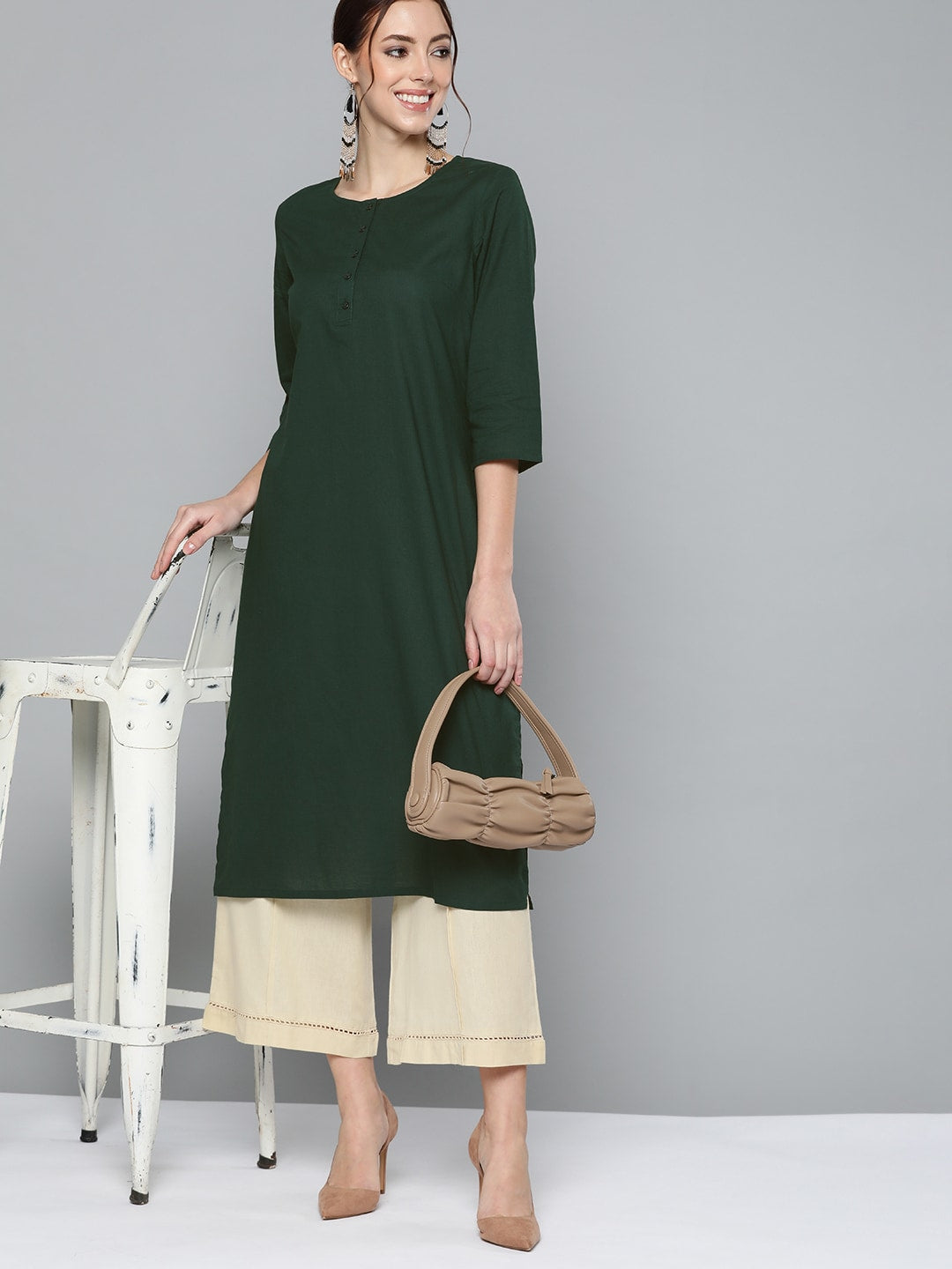 HERE&NOW Women Green Pure Cotton Solid Kurta - Distacart
