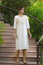 Thumbnail for Juniper Cream Silk Festive Embroidered Straight Kurta For Women - Distacart