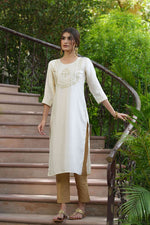 Thumbnail for Juniper Cream Silk Festive Embroidered Straight Kurta For Women - Distacart