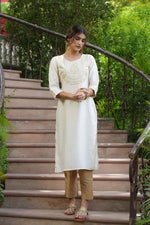 Thumbnail for Juniper Cream Silk Festive Embroidered Straight Kurta For Women - Distacart