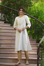 Thumbnail for Juniper Cream Silk Festive Embroidered Straight Kurta For Women - Distacart