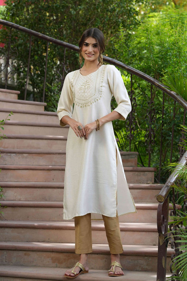 Juniper Cream Silk Festive Embroidered Straight Kurta For Women - Distacart