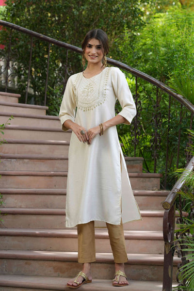 Juniper Cream Silk Festive Embroidered Straight Kurta For Women - Distacart