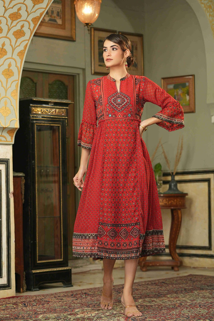 Juniper Red Georgette Festive Printed Flared Dress For Women - Distacart