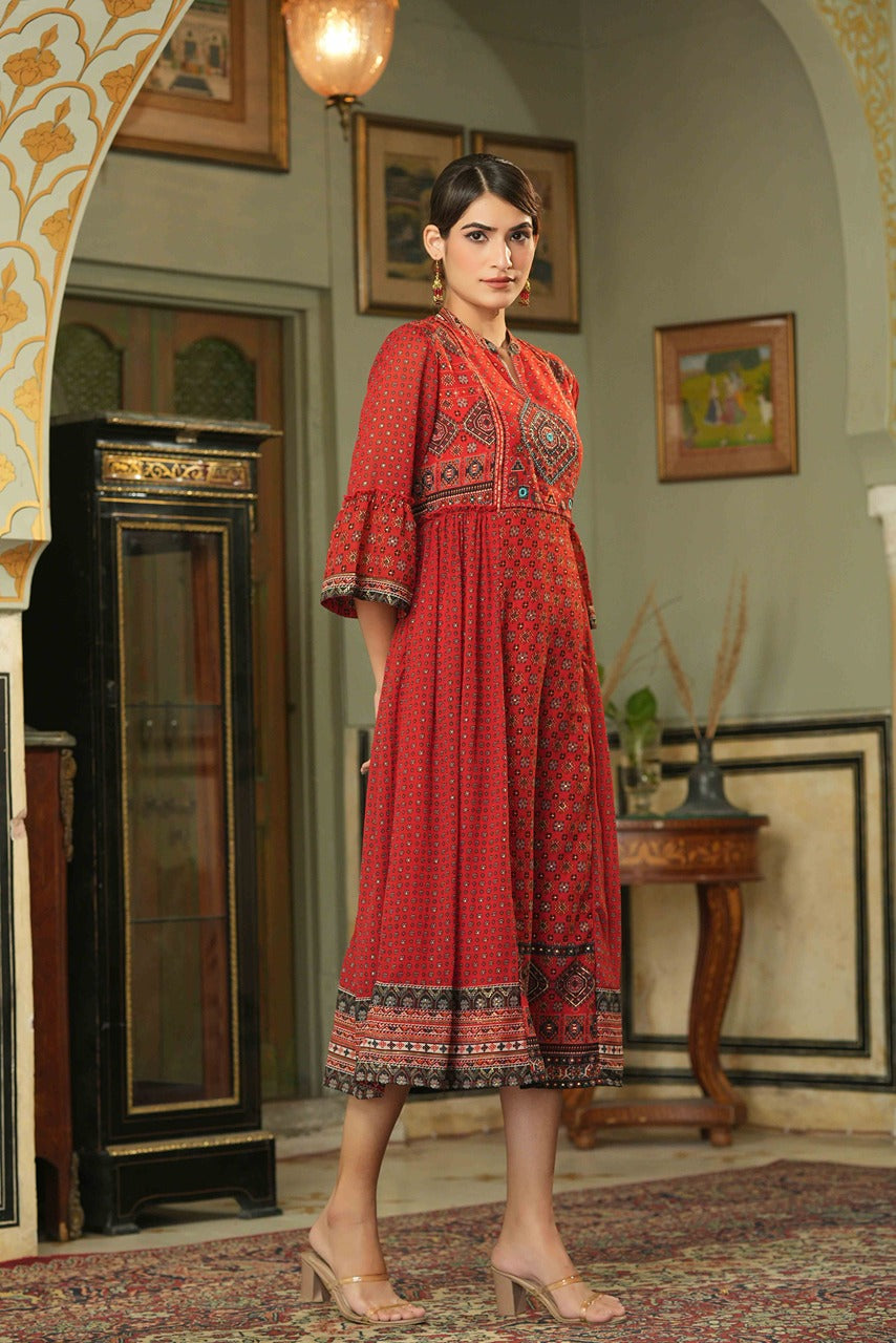 Juniper Red Georgette Festive Printed Flared Dress For Women - Distacart