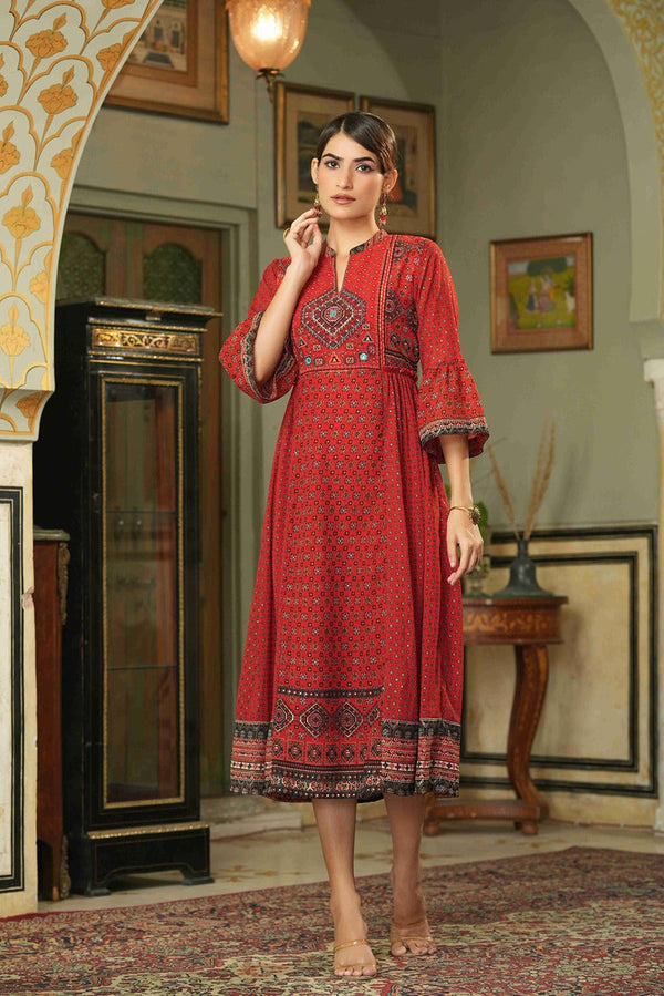 Juniper Red Georgette Festive Printed Flared Dress For Women - Distacart