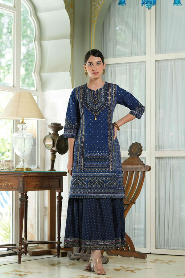 Juniper Indigo Chanderi Festive Printed Flared Kurta For Women - Distacart