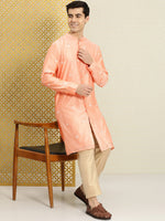 Thumbnail for House of Pataudi Men Peach-Coloured Floral Embroidered A-Line Kurta - Distacart