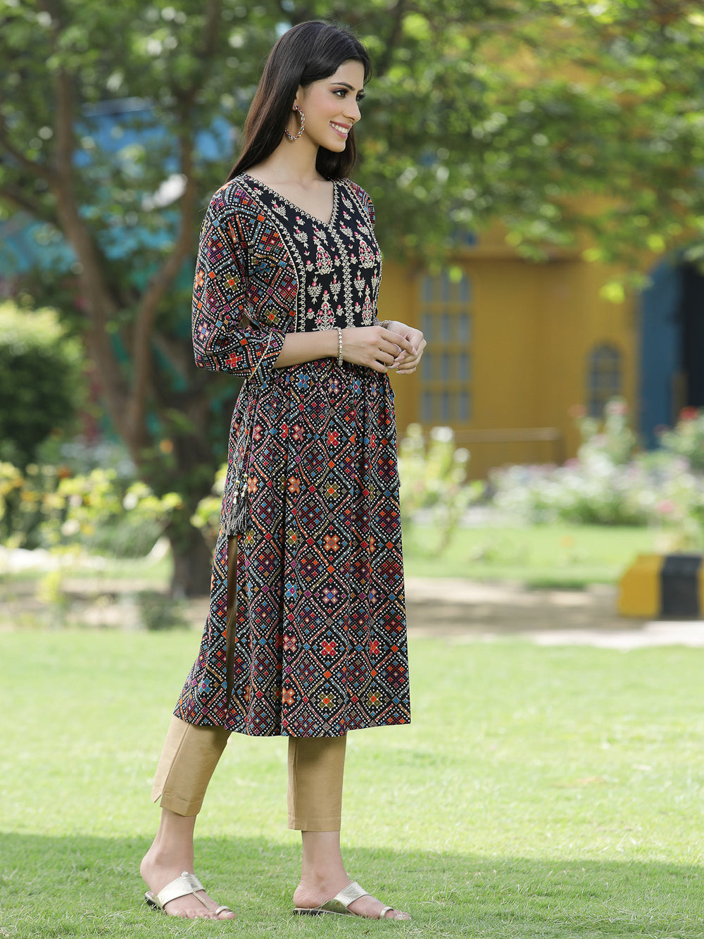 Juniper Black Rayon Festive Printed Flared Kurta For Women - Distacart