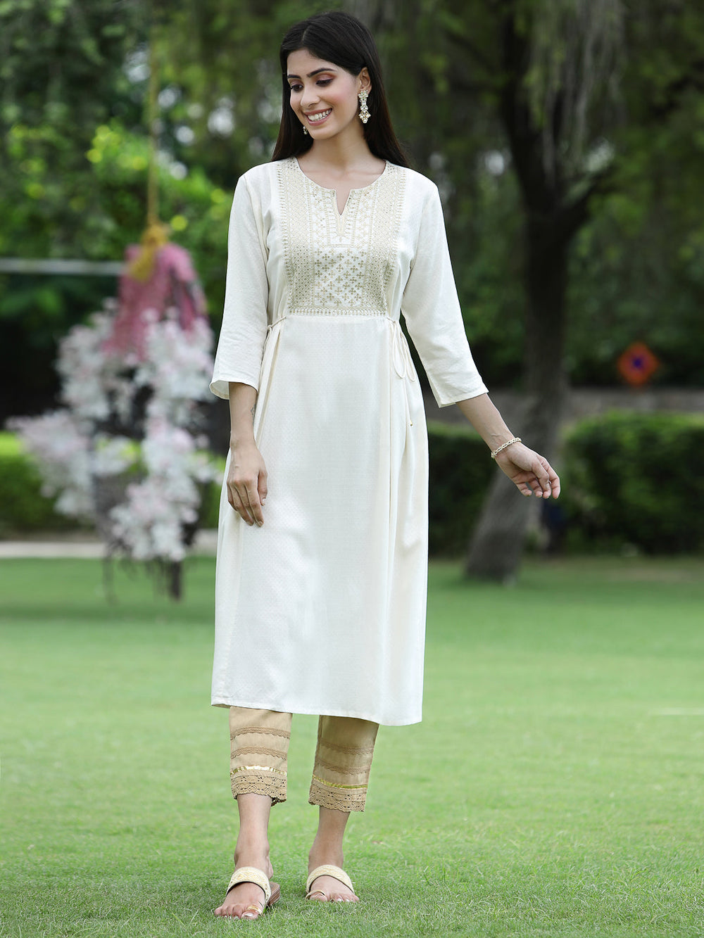 Juniper Women Ivory Rayon Festive Embroidered Flared Kurta - Distacart