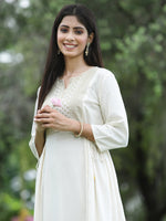 Thumbnail for Juniper Women Ivory Rayon Festive Embroidered Flared Kurta - Distacart