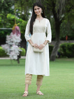 Thumbnail for Juniper Women Ivory Rayon Festive Embroidered Flared Kurta - Distacart
