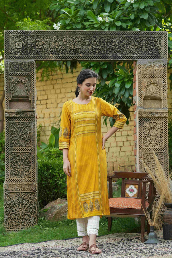 Juniper Mustard Rayon Festive Printed Straight Kurta For Women - Distacart