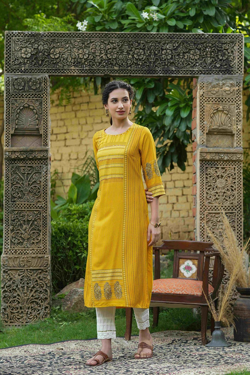 Juniper Mustard Rayon Festive Printed Straight Kurta For Women - Distacart
