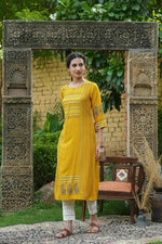 Thumbnail for Juniper Mustard Rayon Festive Printed Straight Kurta For Women - Distacart