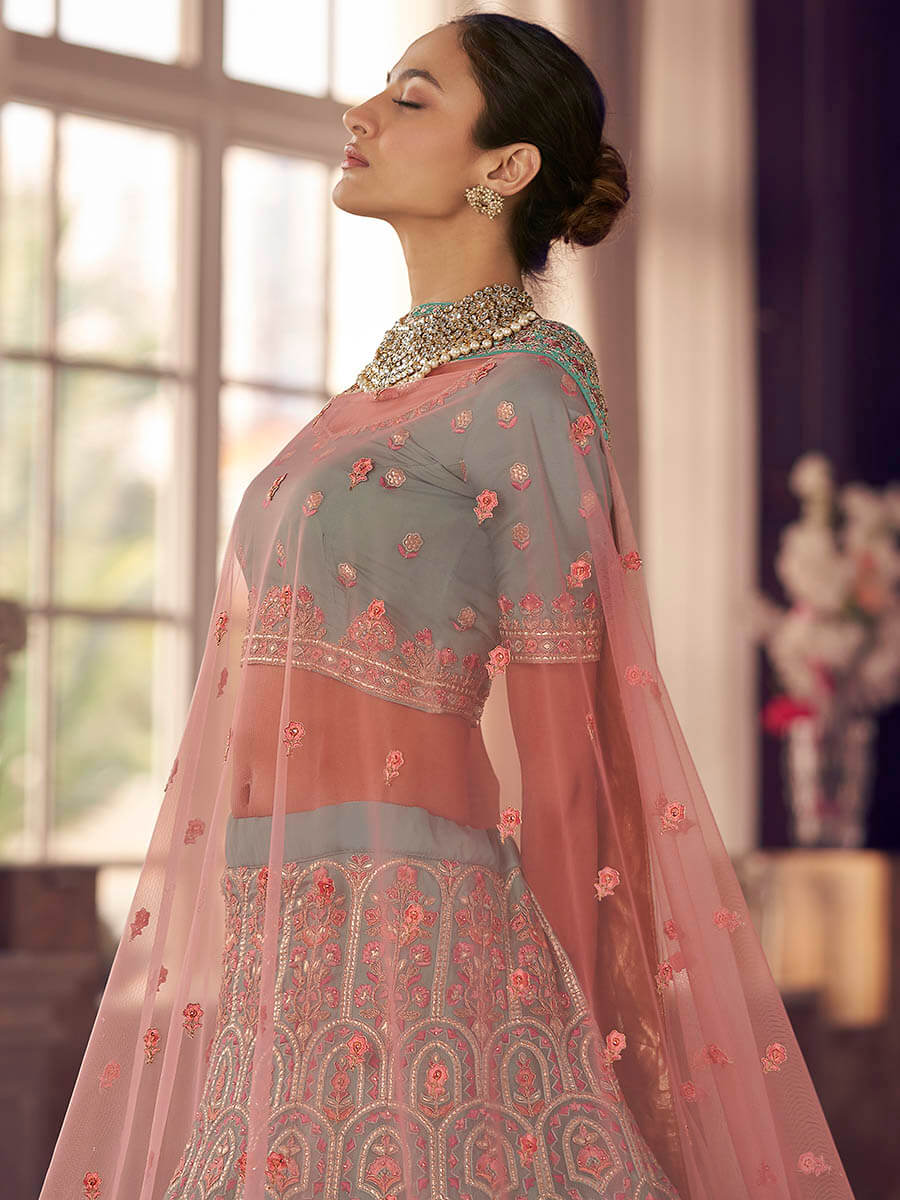 Myra Turquoise Organza Embroidered Designer Lehenga - Distacart
