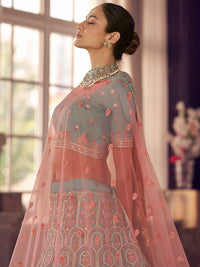 Thumbnail for Myra Turquoise Organza Embroidered Designer Lehenga - Distacart