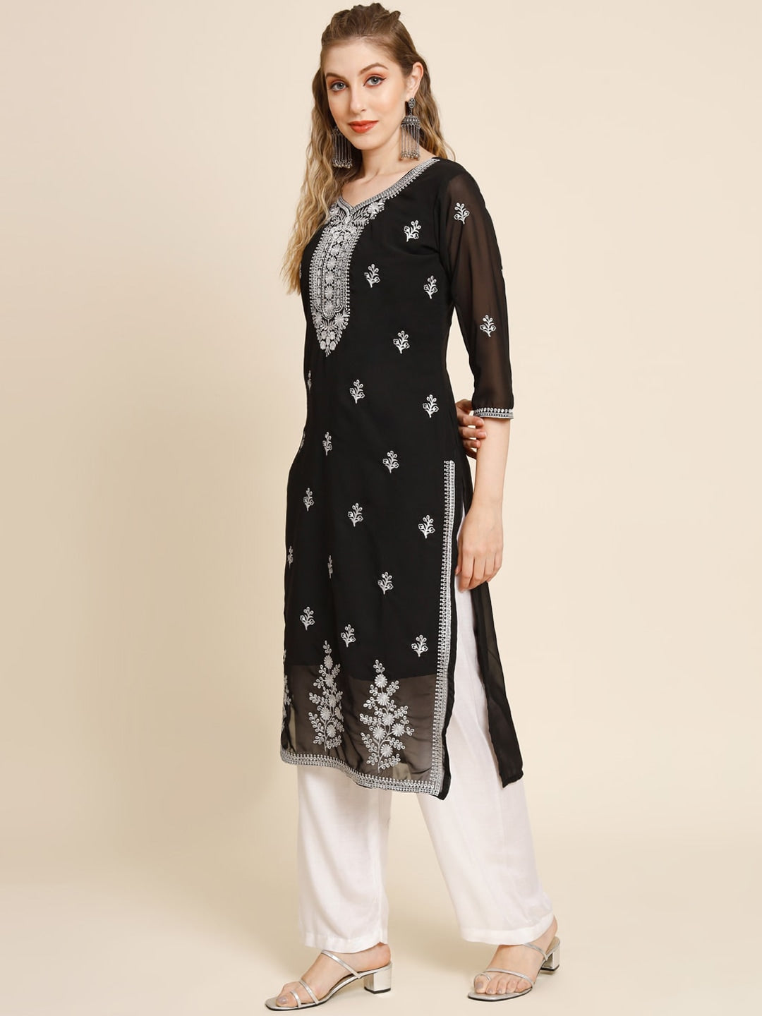 HERE&NOW Ethnic Motifs Embroidered Sequined Georgette Kurta - Distacart
