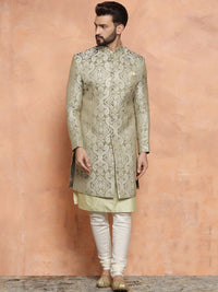 Thumbnail for KISAH Ethnic Motifs Woven Design Mandarin Collar Sherwani Set - Distacart