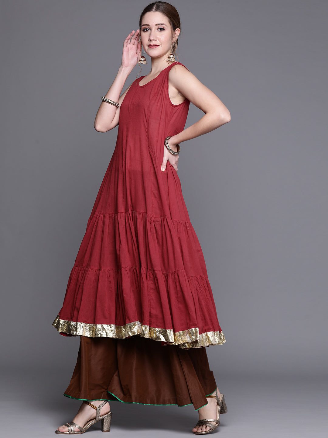 Biba Women Red & Black Ethnic Motifs Woven Design Gotta Patti Winter Kurta - Distacart