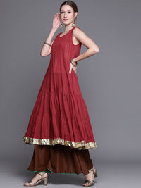 Thumbnail for Biba Women Red & Black Ethnic Motifs Woven Design Gotta Patti Winter Kurta - Distacart