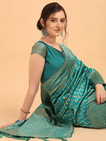 Thumbnail for Mitera Green & Gold-Toned Silk Blend Fusion Leheriya Saree - Distacart