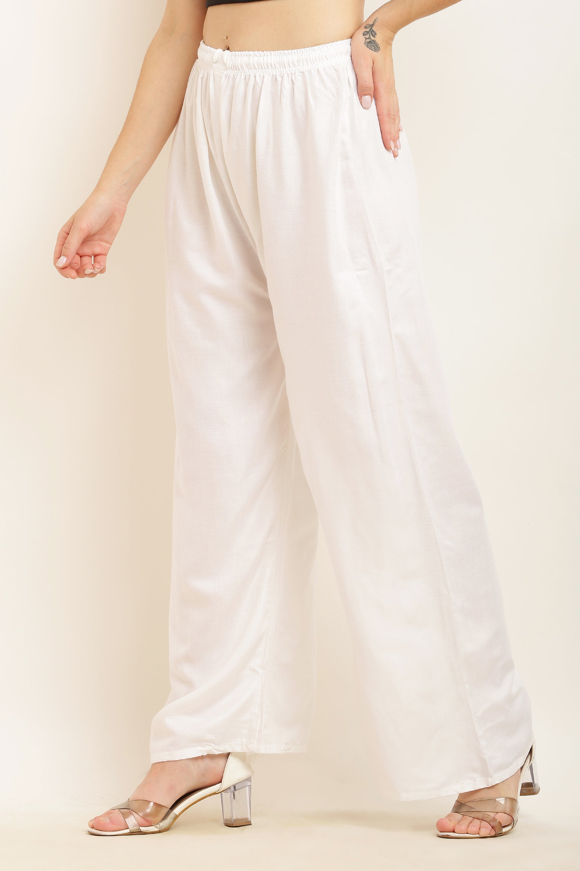 PAVONINE White Color Straight Fit Rayon Fabric Palazzo - Distacart