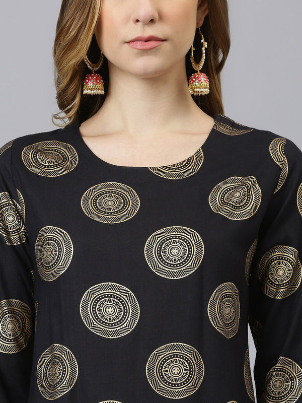 Khushal K Women Black & Gold-Toned Printed Kurta with Palazzos - Distacart