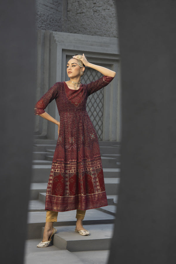 Juniper Maroon Georgette Festive Printed Anarkali Flared Anarkali Kurta For Women - Distacart