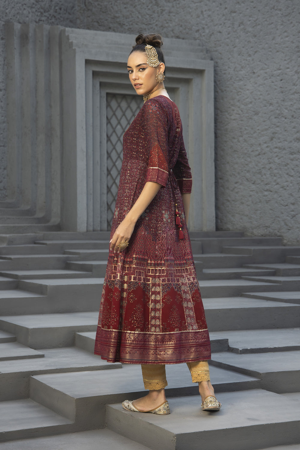 Juniper Maroon Georgette Festive Printed Anarkali Flared Anarkali Kurta For Women - Distacart