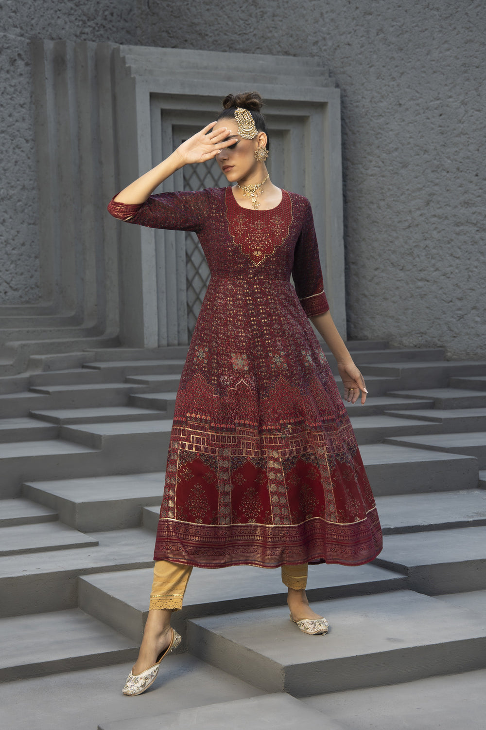 Juniper Maroon Georgette Festive Printed Anarkali Flared Anarkali Kurta For Women - Distacart