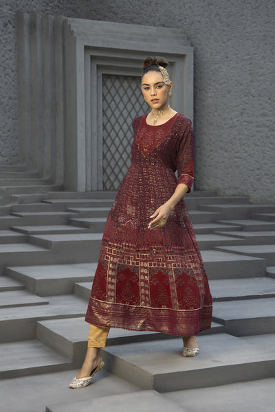 Juniper Maroon Georgette Festive Printed Anarkali Flared Anarkali Kurta For Women - Distacart