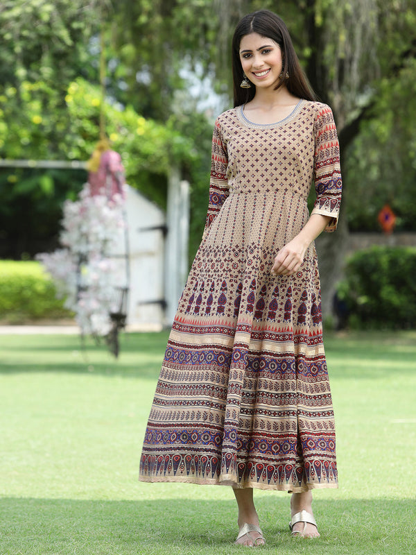 Juniper Women Brown Multi Georgette Festive Printed Flared Anarkali Kurta - Distacart
