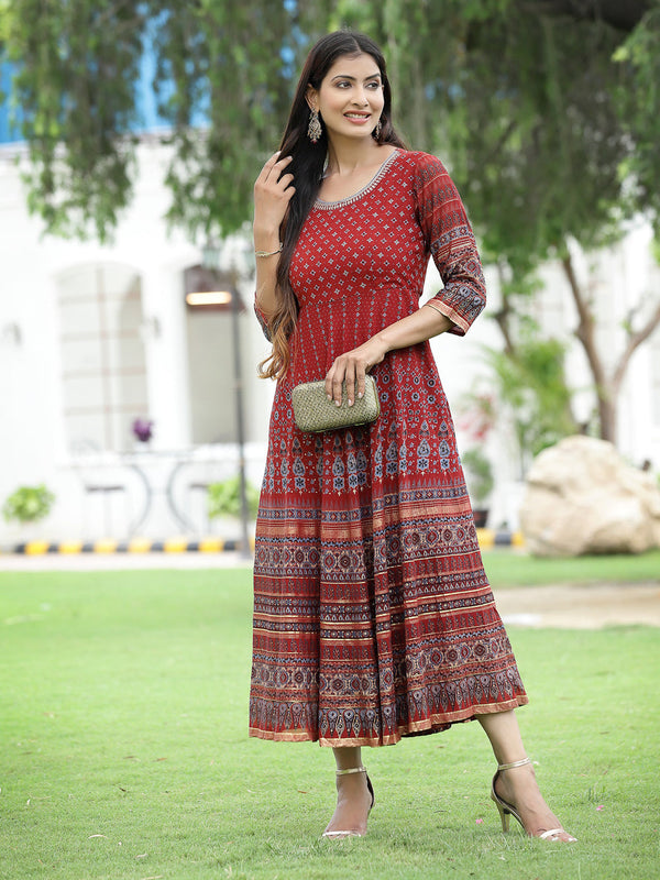 Juniper Women Rust Georgette Festive Printed Flared Anarkali Kurta - Distacart