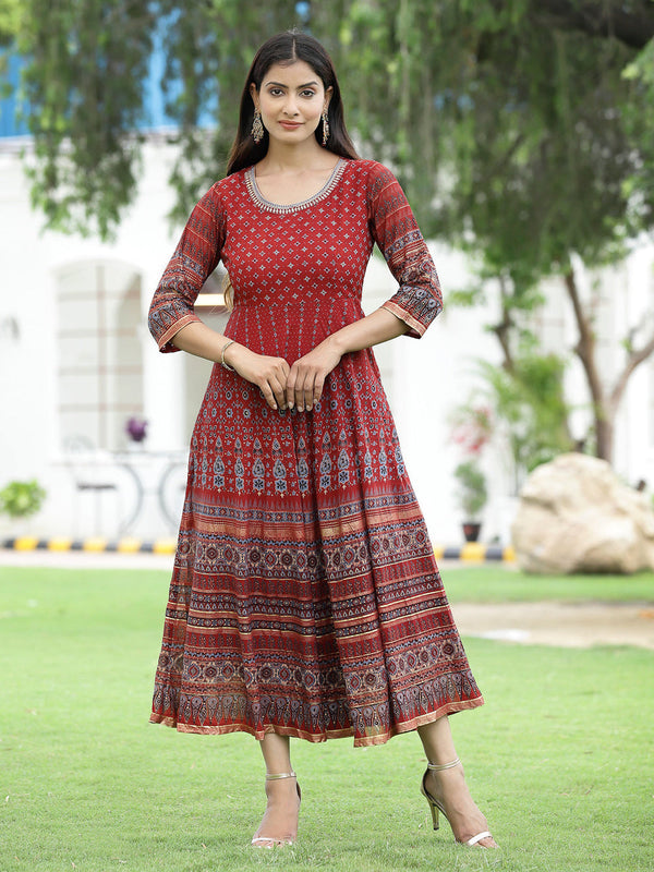 Juniper Women Rust Georgette Festive Printed Flared Anarkali Kurta - Distacart