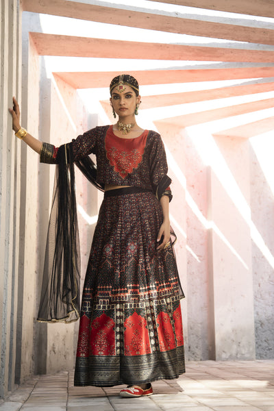 Juniper Black Dull Satin Festive Printed Crop Choli-Skirt Dupatta For Women - Distacart