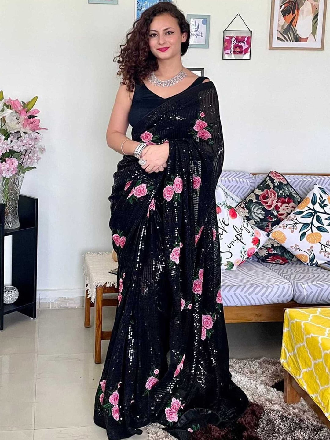 Mitera Black & Pink Floral Embroidered Sequinned Saree - Distacart