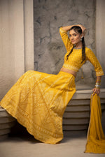 Thumbnail for Juniper Mustard Santoon Slub Festive Printed Crop Lehenga Choli Dupatta Set - Distacart