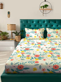 Thumbnail for KLOTTHE White & Grey Floral Print 300 TC Fitted Double King Bedsheet With 2 Pillow Covers - Distacart