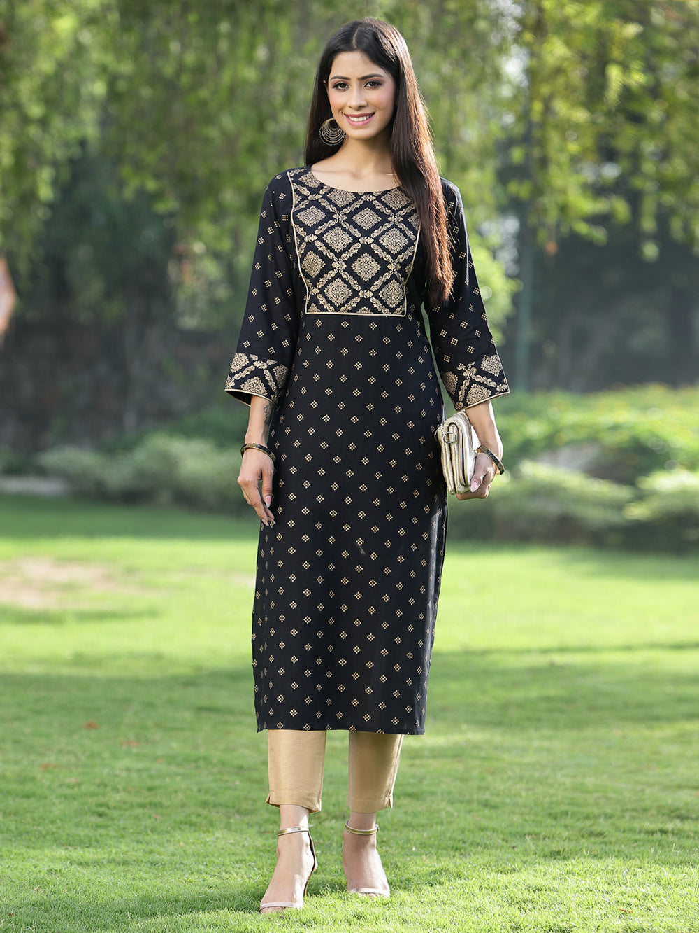 Juniper Black Rayon Festive Wear Embroidered Flared Kurta - Distacart