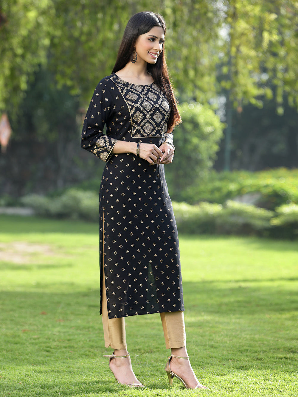 Juniper Black Rayon Festive Wear Embroidered Flared Kurta - Distacart
