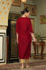 Thumbnail for Juniper Maroon Velvet Festive Solid Embroidered Straight Kurta For Women - Distacart