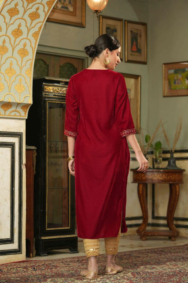 Juniper Maroon Velvet Festive Solid Embroidered Straight Kurta For Women - Distacart