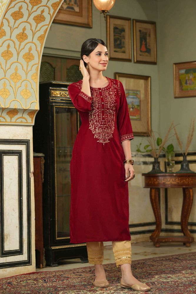 Juniper Maroon Velvet Festive Solid Embroidered Straight Kurta For Women - Distacart