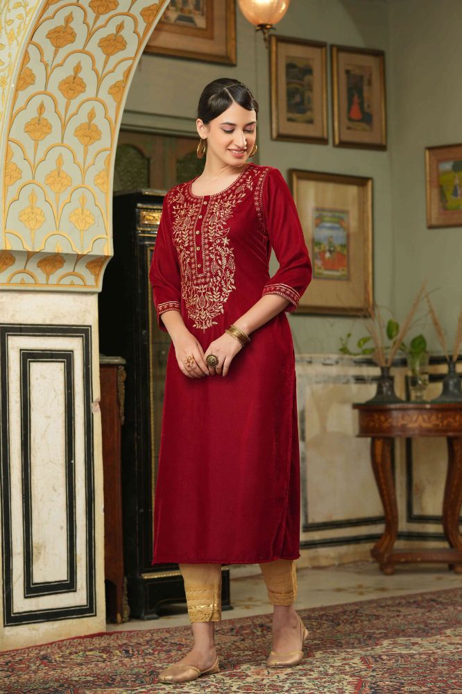 Juniper Maroon Velvet Festive Solid Embroidered Straight Kurta For Women - Distacart