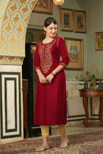 Thumbnail for Juniper Maroon Velvet Festive Solid Embroidered Straight Kurta For Women - Distacart